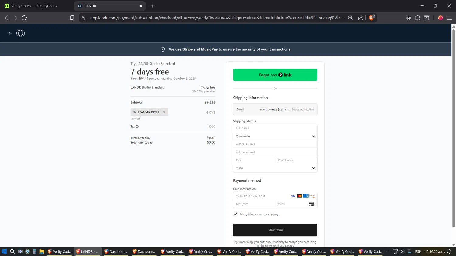 LANDR promo code screenshot showing code STANYEARLY33 applied at LANDR checkout page. Uploaded by SimplyCodes community member verifier_983798000 on Oct 1, 2025
