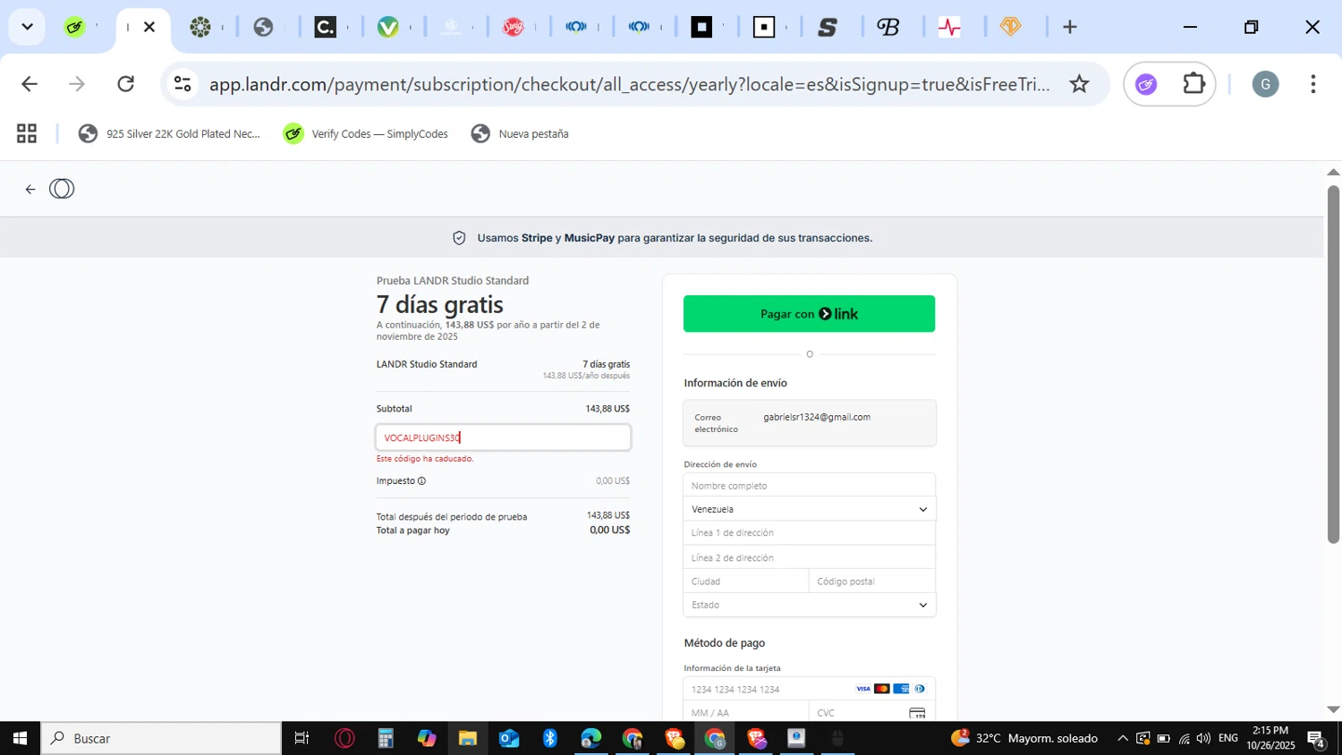 LANDR promo code screenshot showing code VOCALPLUGINS30 applied at LANDR checkout page. Uploaded by SimplyCodes community member guest_623525963 on Oct 26, 2025