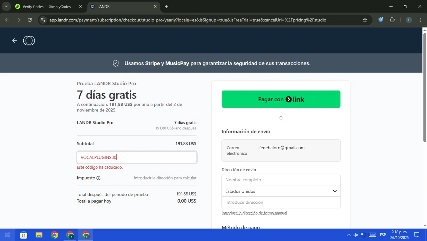LANDR promo code screenshot showing code VOCALPLUGINS30 applied at LANDR checkout page. Uploaded by SimplyCodes community member pajarito on Oct 26, 2025