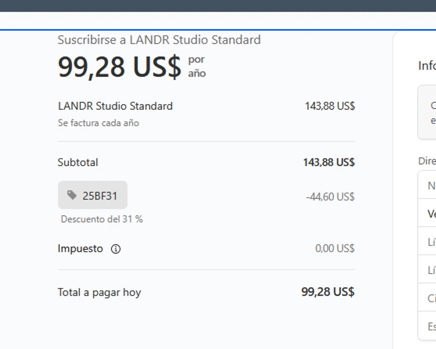 LANDR checkout page showing LANDR promo code box | Screenshot taken by SimplyCodes community member on Nov 30, 2025
