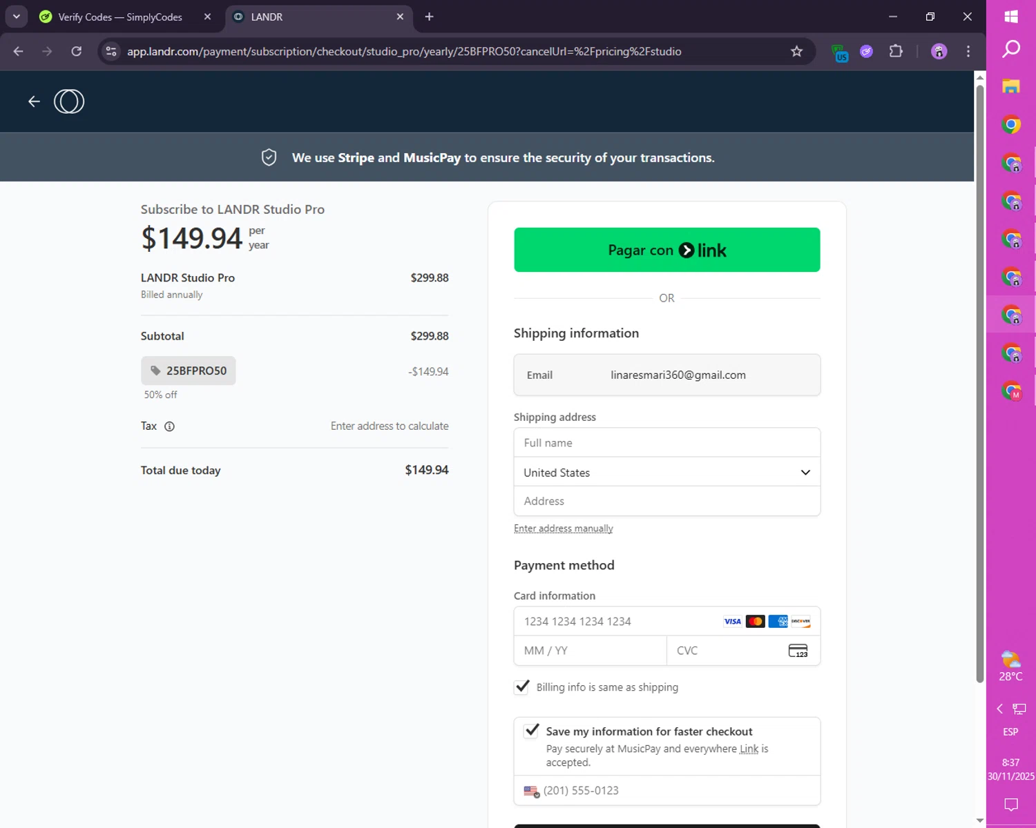 LANDR promo code screenshot showing code 25BFPRO50 applied at LANDR checkout page. Uploaded by SimplyCodes community member FortunateScholar4524 on Nov 30, 2025