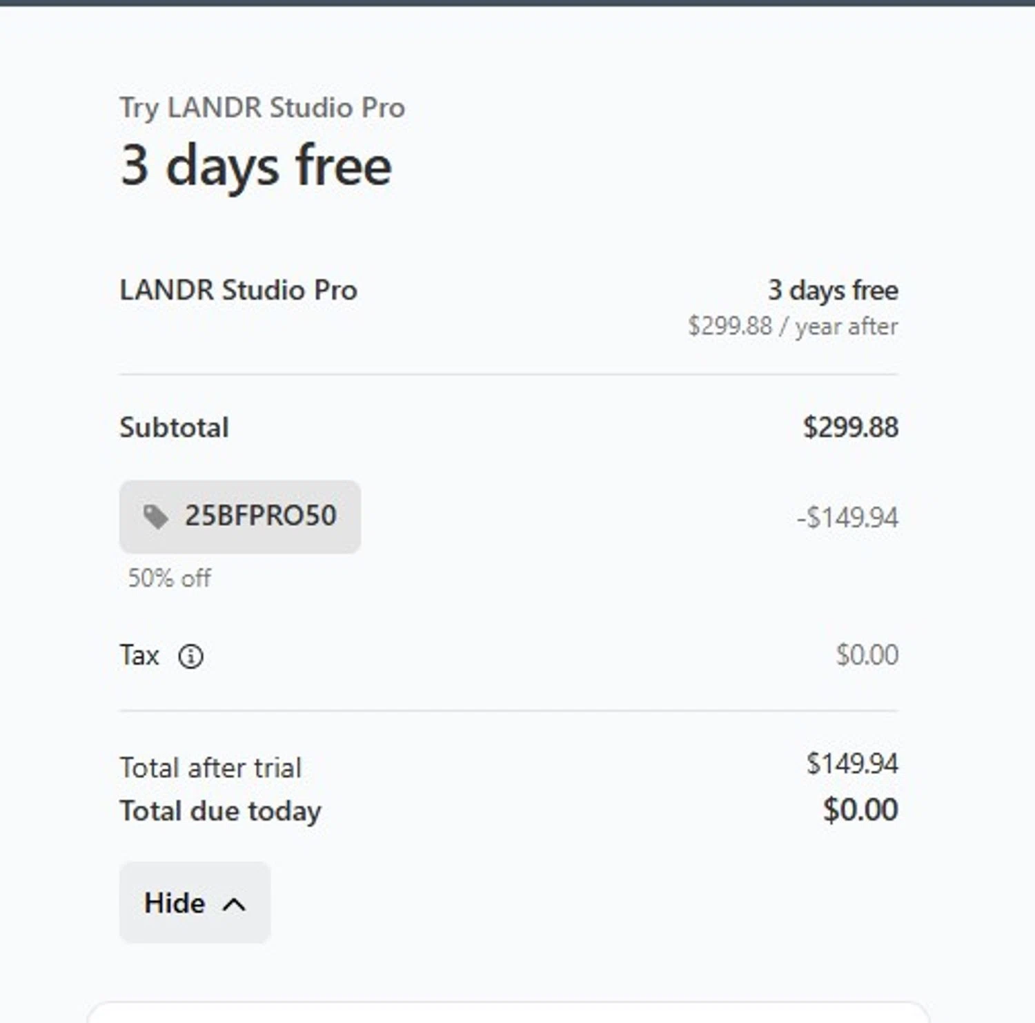 LANDR promo code screenshot showing code 25BFPRO50 applied at LANDR checkout page. Uploaded by SimplyCodes community member MoneyFalcon5538 on Dec 29, 2025