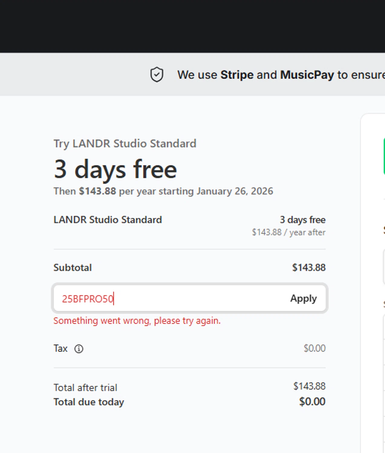 LANDR promo code screenshot showing code 25BFPRO50 applied at LANDR checkout page. Uploaded by SimplyCodes community member TULA515 on Jan 23, 2026