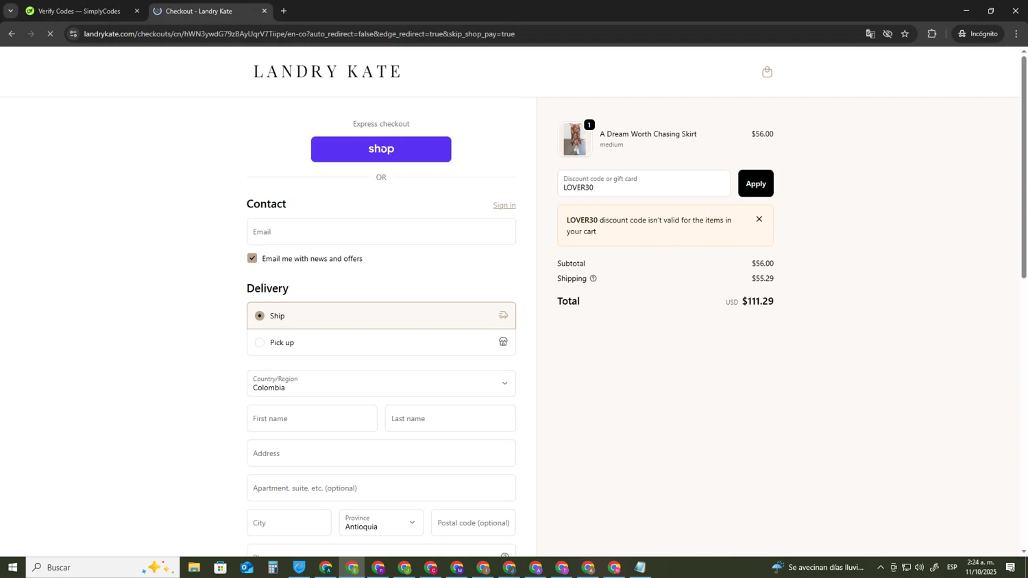 Landry Kate coupon code screenshot showing code LOVER30 applied at Landry Kate checkout page. Uploaded by SimplyCodes community member SUZUKIV on Oct 11, 2025