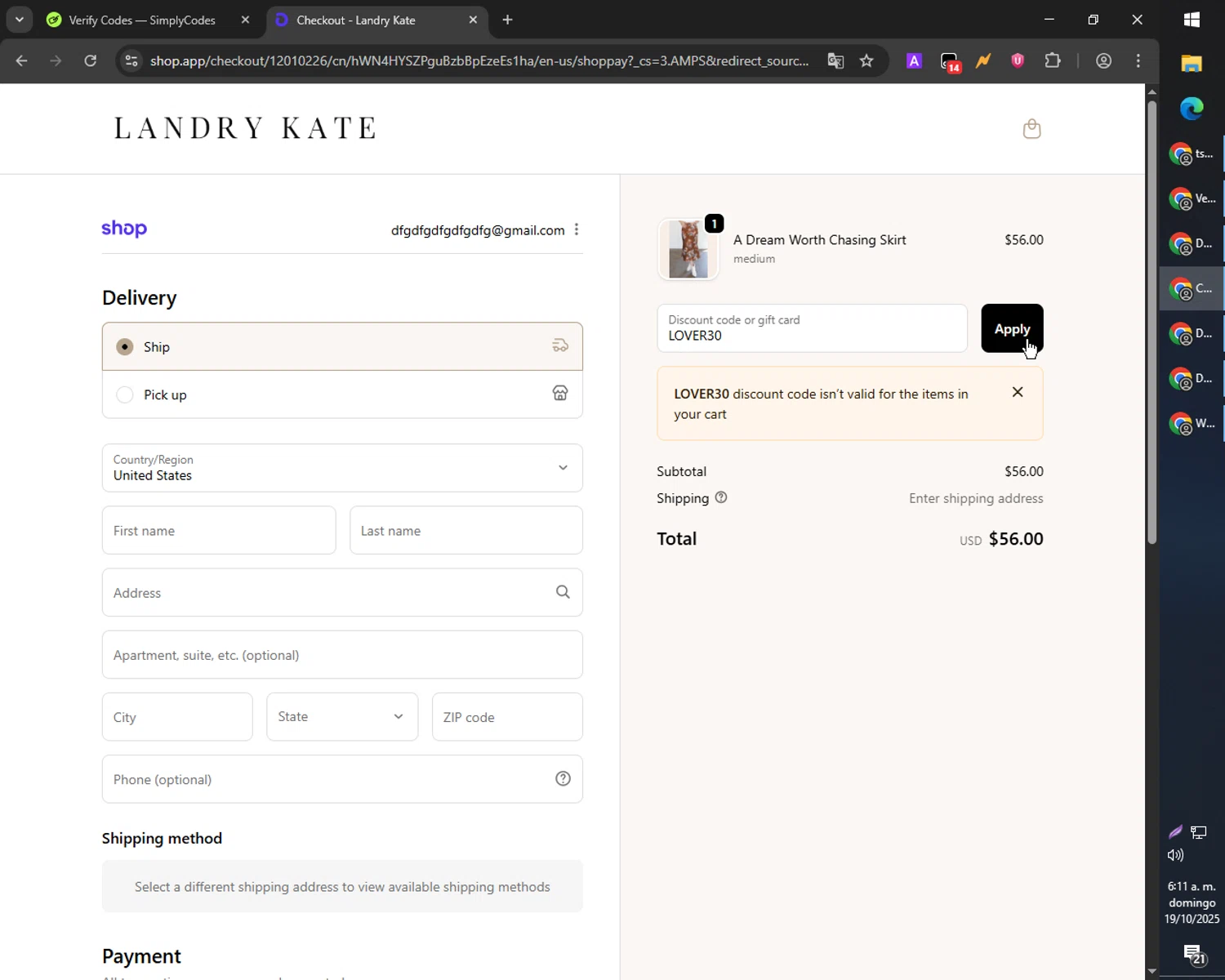Landry Kate coupon code screenshot showing code LOVER30 applied at Landry Kate checkout page. Uploaded by SimplyCodes community member SmartMaverick5327 on Oct 19, 2025