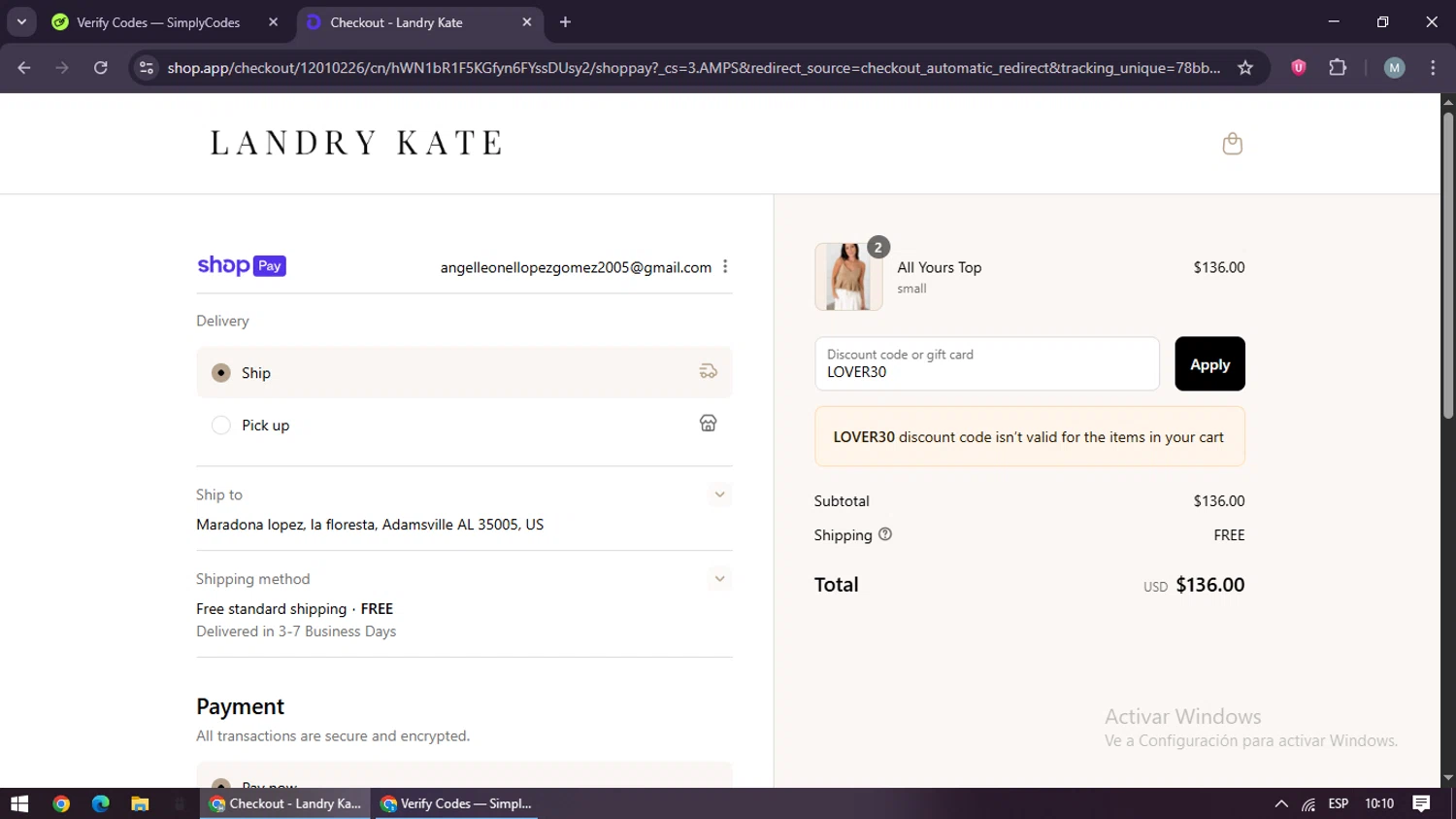 Landry Kate coupon code screenshot showing code LOVER30 applied at Landry Kate checkout page. Uploaded by SimplyCodes community member maraxo on Aug 9, 2025
