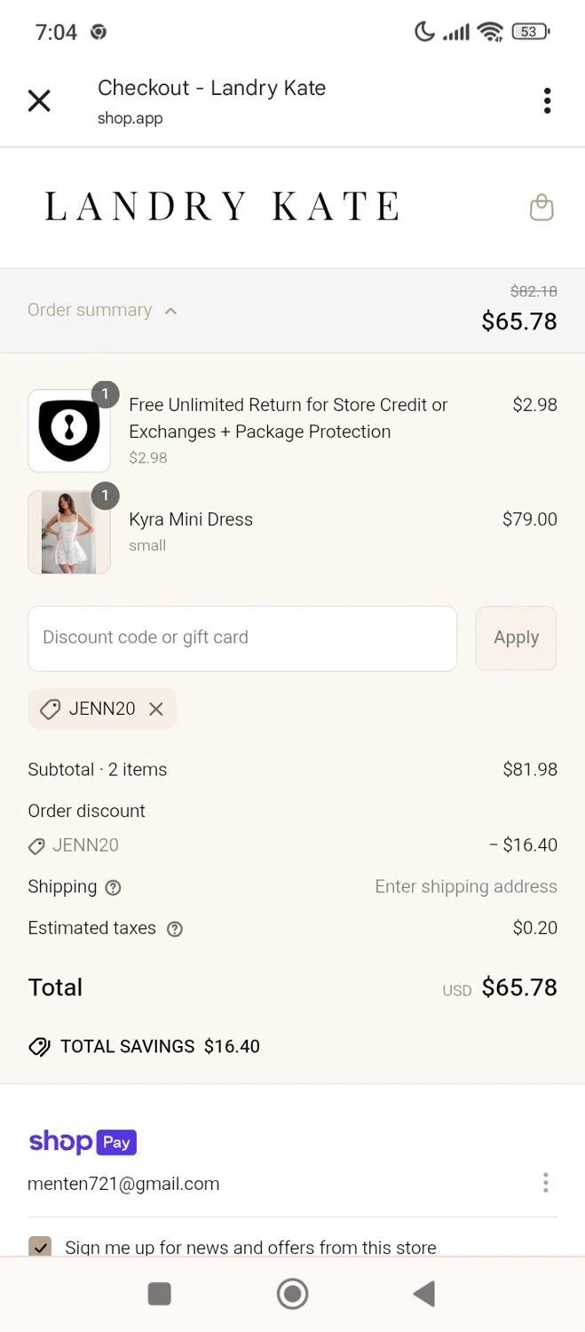 Landry Kate coupon code screenshot showing code JENN20 applied at Landry Kate checkout page. Uploaded by SimplyCodes community member Kaylaytone on Jun 3, 2025