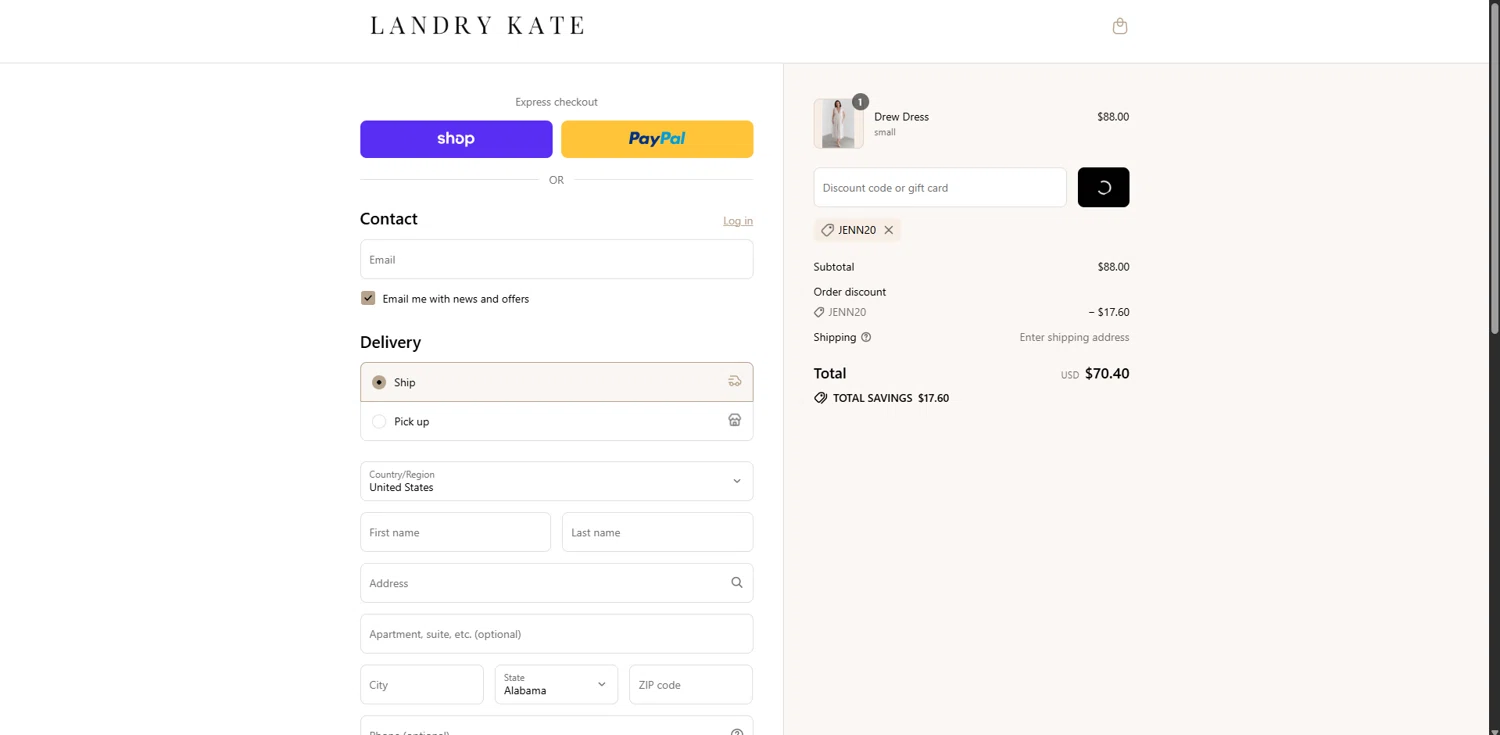 Landry Kate coupon code screenshot showing code JENN20 applied at Landry Kate checkout page. Uploaded by SimplyCodes community member SavvySaver9108 on Sep 8, 2025