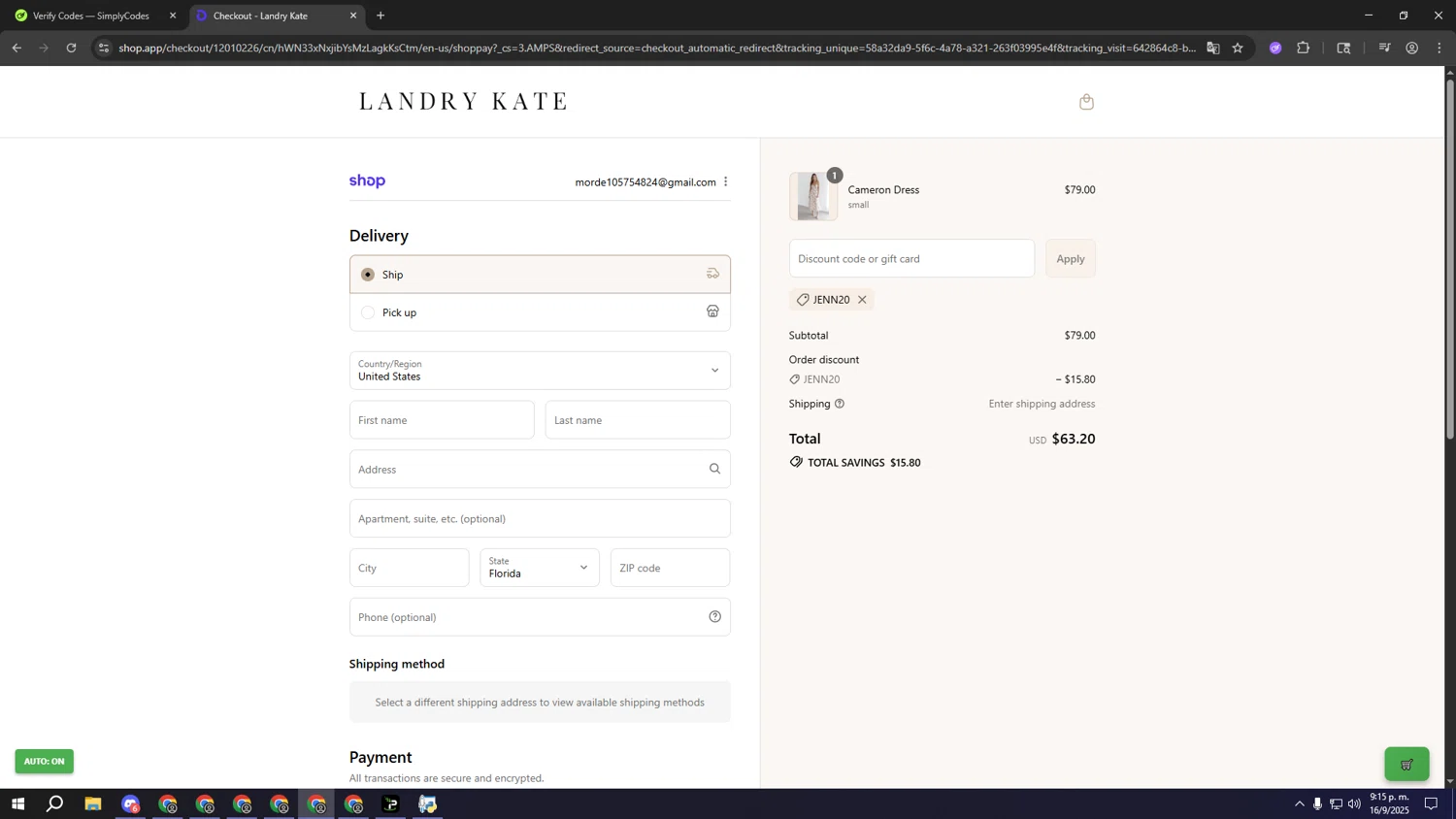 Landry Kate coupon code screenshot showing code JENN20 applied at Landry Kate checkout page. Uploaded by SimplyCodes community member sssssssssssssssssss on Sep 17, 2025