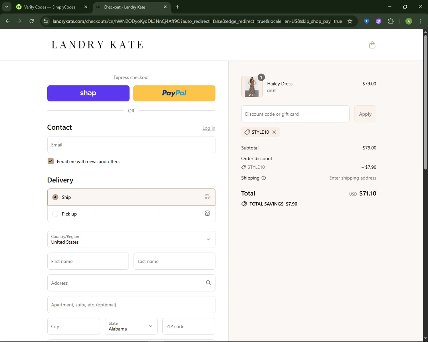 Landry Kate coupon code screenshot showing code Style10 applied at Landry Kate checkout page. Uploaded by SimplyCodes community member MagnificentSaver708 on Aug 31, 2025