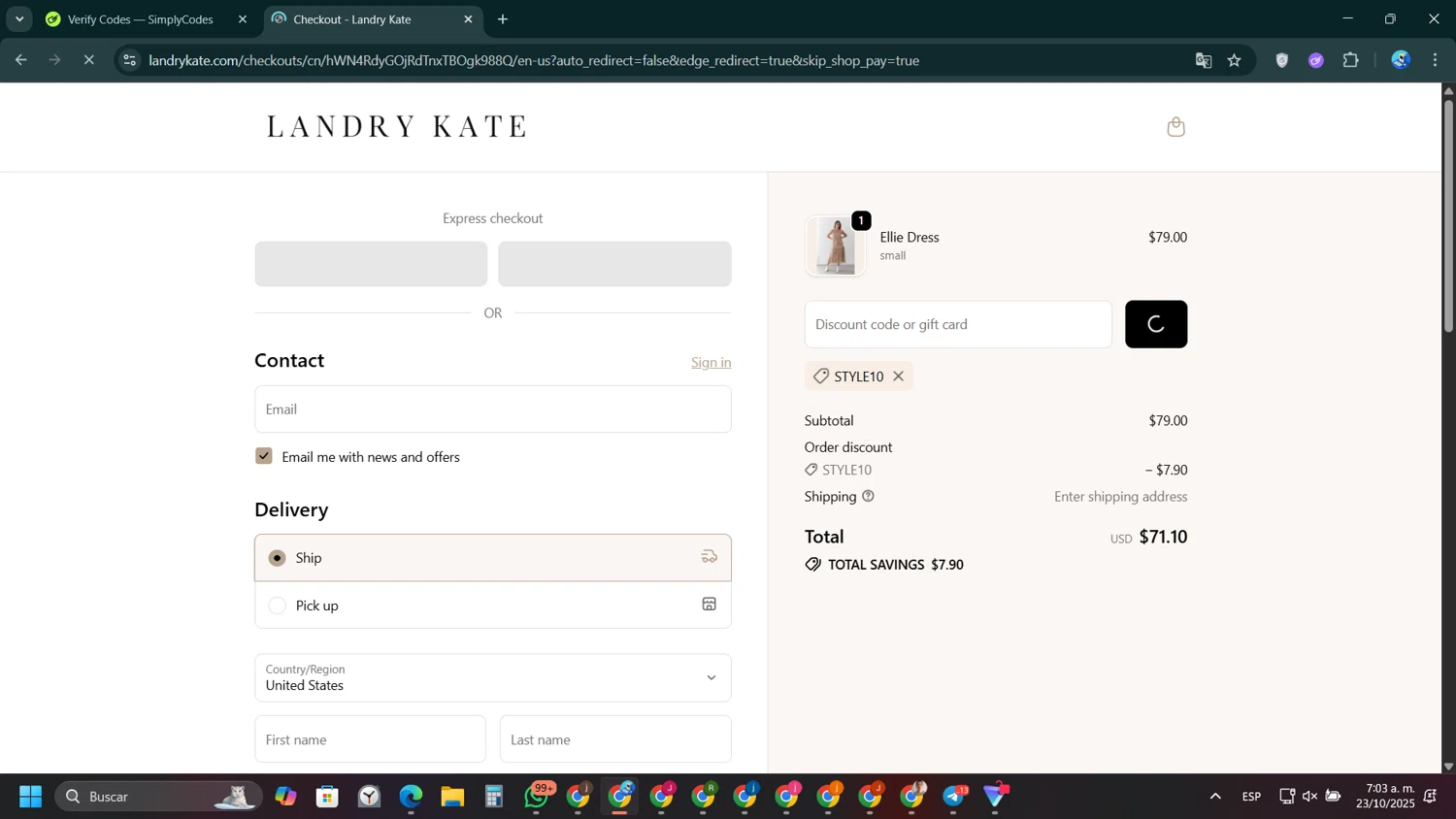 Landry Kate coupon code screenshot showing code Style10 applied at Landry Kate checkout page. Uploaded by SimplyCodes community member VictoriousPioneer4638 on Oct 23, 2025