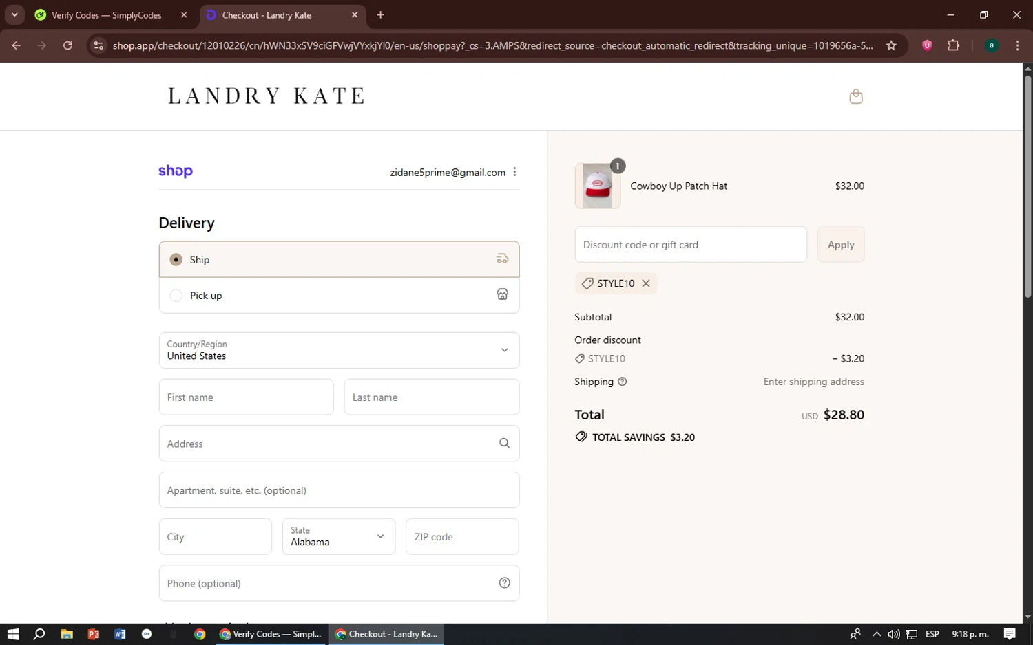 Landry Kate coupon code screenshot showing code Style10 applied at Landry Kate checkout page. Uploaded by SimplyCodes community member zizu55 on Sep 17, 2025