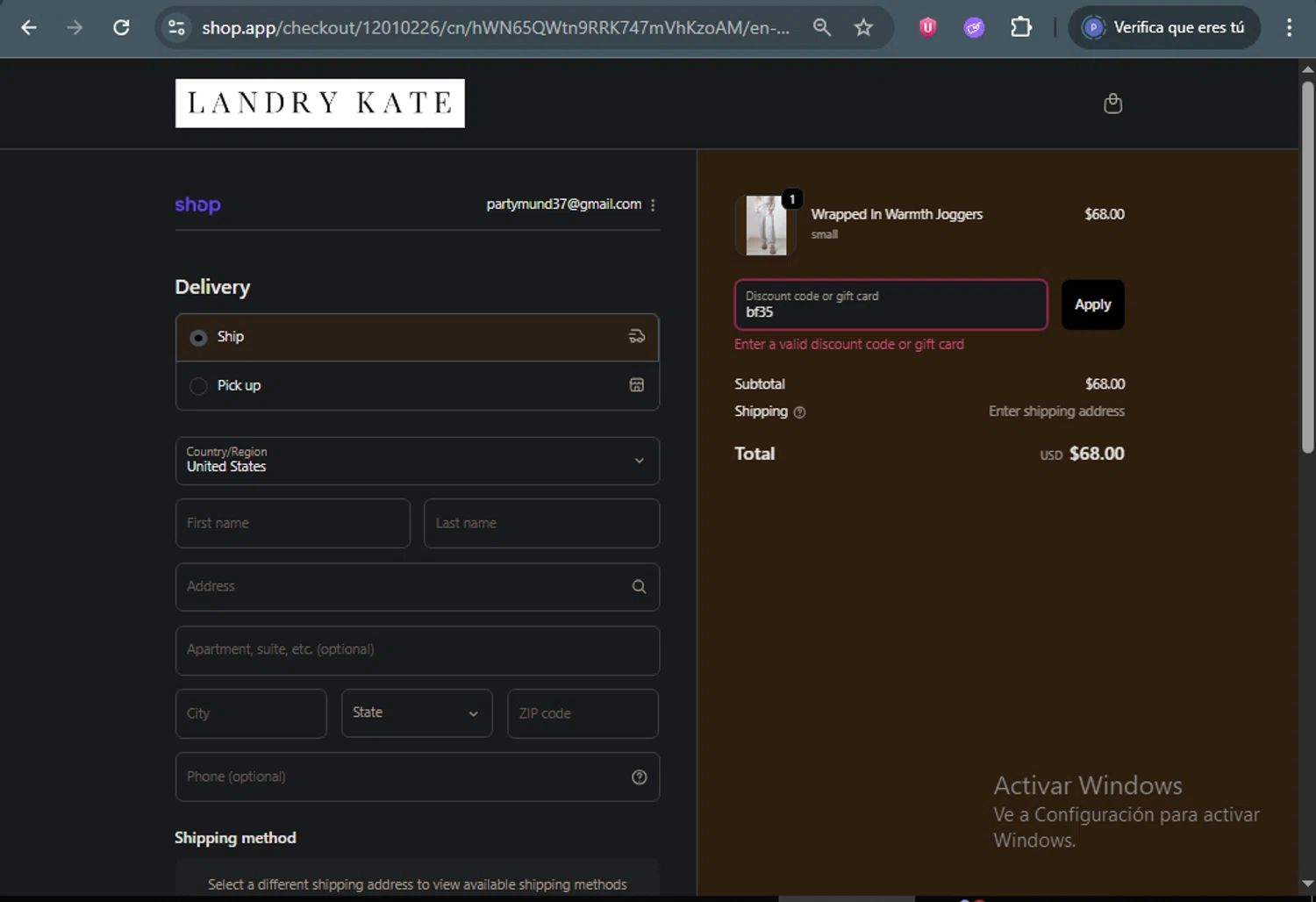Landry Kate coupon code screenshot showing code bf35 applied at Landry Kate checkout page. Uploaded by SimplyCodes community member DealAce9542 on Dec 5, 2025