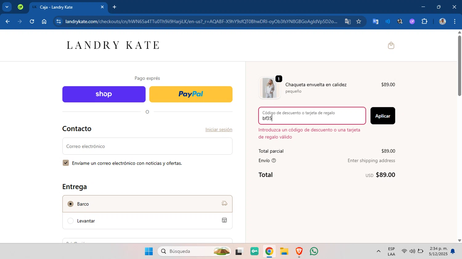 Landry Kate coupon code screenshot showing code bf35 applied at Landry Kate checkout page. Uploaded by SimplyCodes community member PrimeOwl6190 on Dec 5, 2025