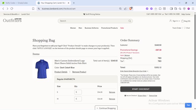 Lands' End Business Outfitters checkout page showing Lands' End Business Outfitters promo code box | Screenshot taken by SimplyCodes community member on Aug 11, 2025