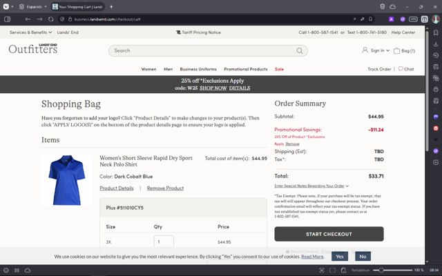 Lands' End Business Outfitters checkout page showing Lands' End Business Outfitters promo code box | Screenshot taken by SimplyCodes community member on Jul 13, 2025