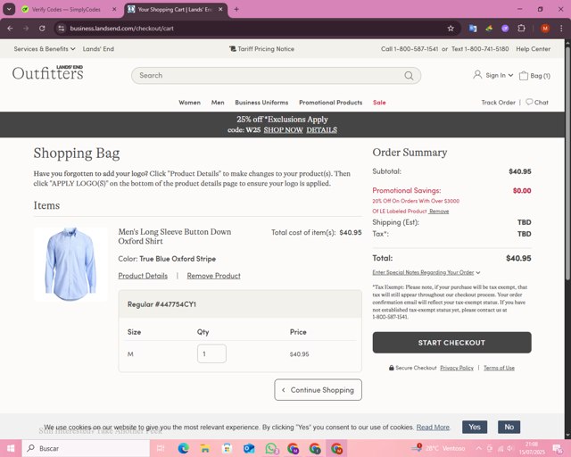 Lands' End Business Outfitters checkout page showing Lands' End Business Outfitters promo code box | Screenshot taken by SimplyCodes community member on Jul 16, 2025