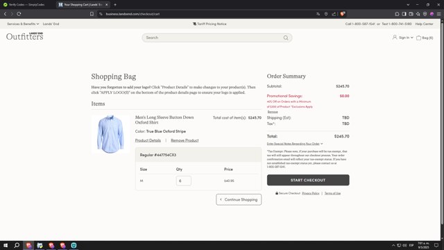 Lands' End Business Outfitters checkout page showing Lands' End Business Outfitters promo code box | Screenshot taken by SimplyCodes community member on May 9, 2025