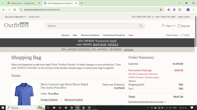 Lands' End Business Outfitters checkout page showing Lands' End Business Outfitters promo code box | Screenshot taken by SimplyCodes community member on May 9, 2025