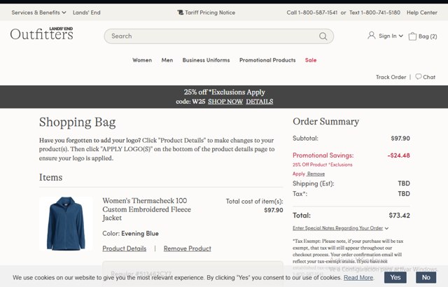 Lands' End Business Outfitters checkout page showing Lands' End Business Outfitters promo code box | Screenshot taken by SimplyCodes community member on Jul 13, 2025