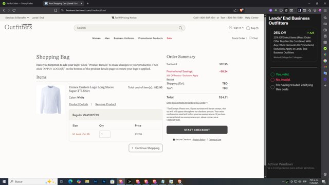 Lands' End Business Outfitters checkout page showing Lands' End Business Outfitters promo code box | Screenshot taken by SimplyCodes community member on Aug 11, 2025