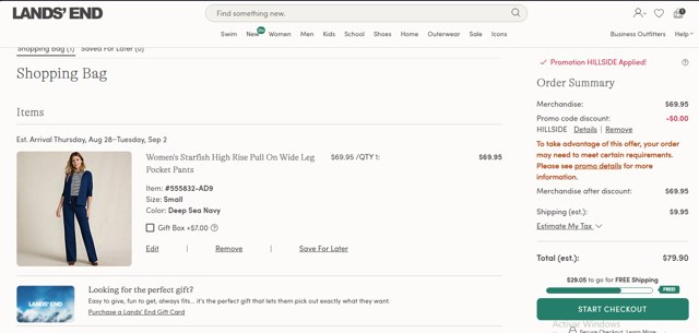 Lands' End checkout page showing Lands' End promo code box | Screenshot taken by SimplyCodes community member on Aug 24, 2025