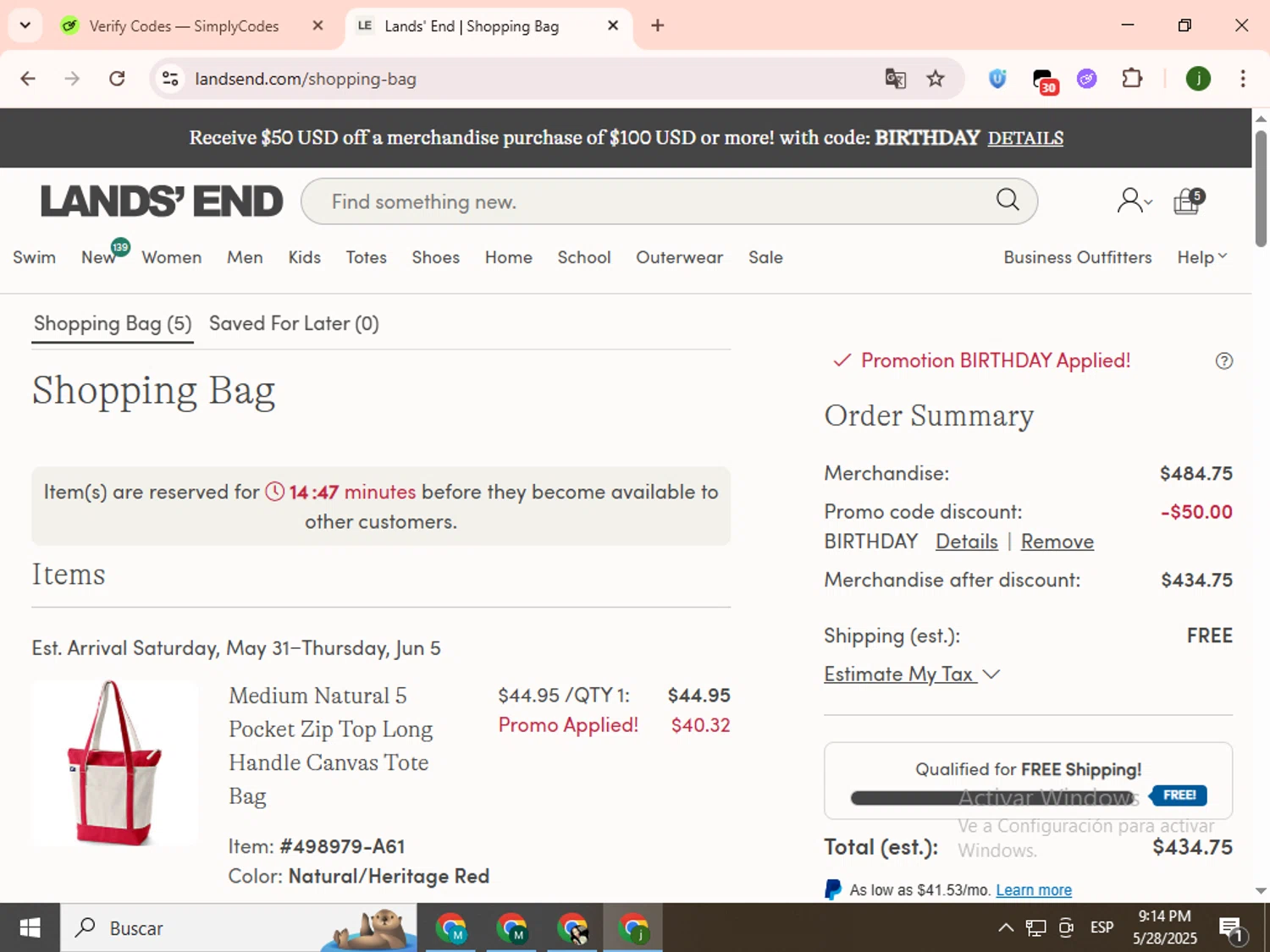 Lands' End promo code screenshot showing code birthday applied at Lands' End checkout page. Uploaded by SimplyCodes community member SavingsCollector2592 on May 29, 2025