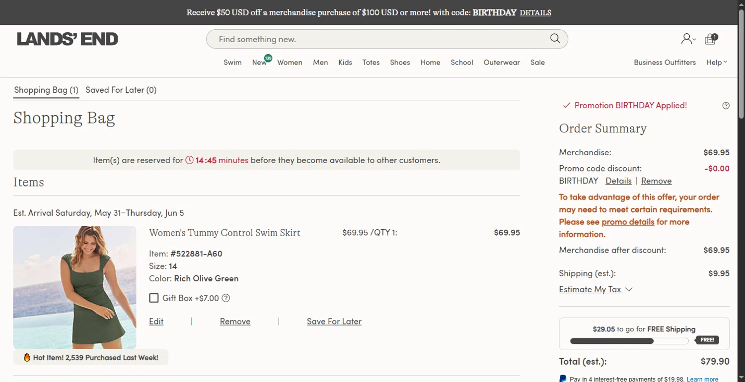 Lands' End promo code screenshot showing code birthday applied at Lands' End checkout page. Uploaded by SimplyCodes community member ShieldLion4225 on May 29, 2025