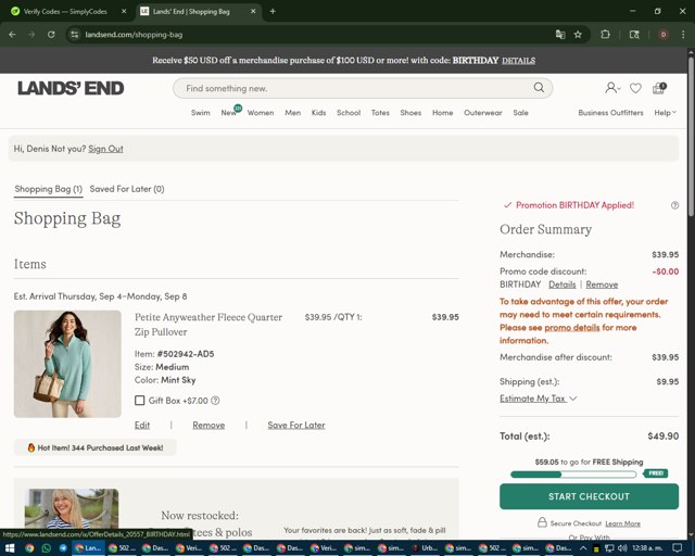Lands' End checkout page showing Lands' End promo code box | Screenshot taken by SimplyCodes community member on Sep 1, 2025