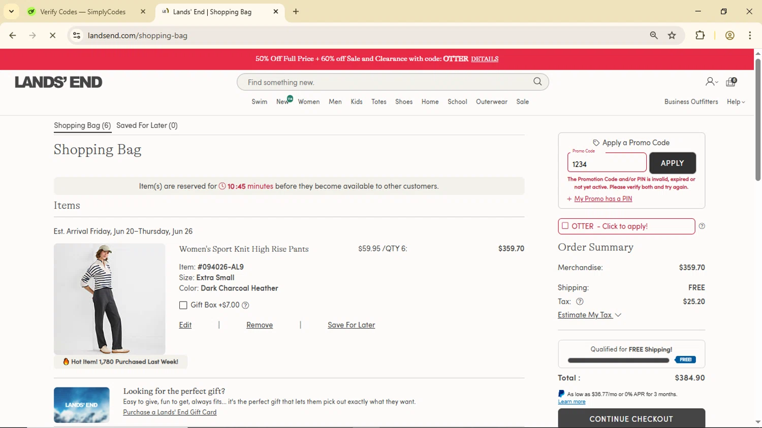 Lands' End promo code screenshot showing code 1234 applied at Lands' End checkout page. Uploaded by SimplyCodes community member Luisitoxd12 on Jun 17, 2025