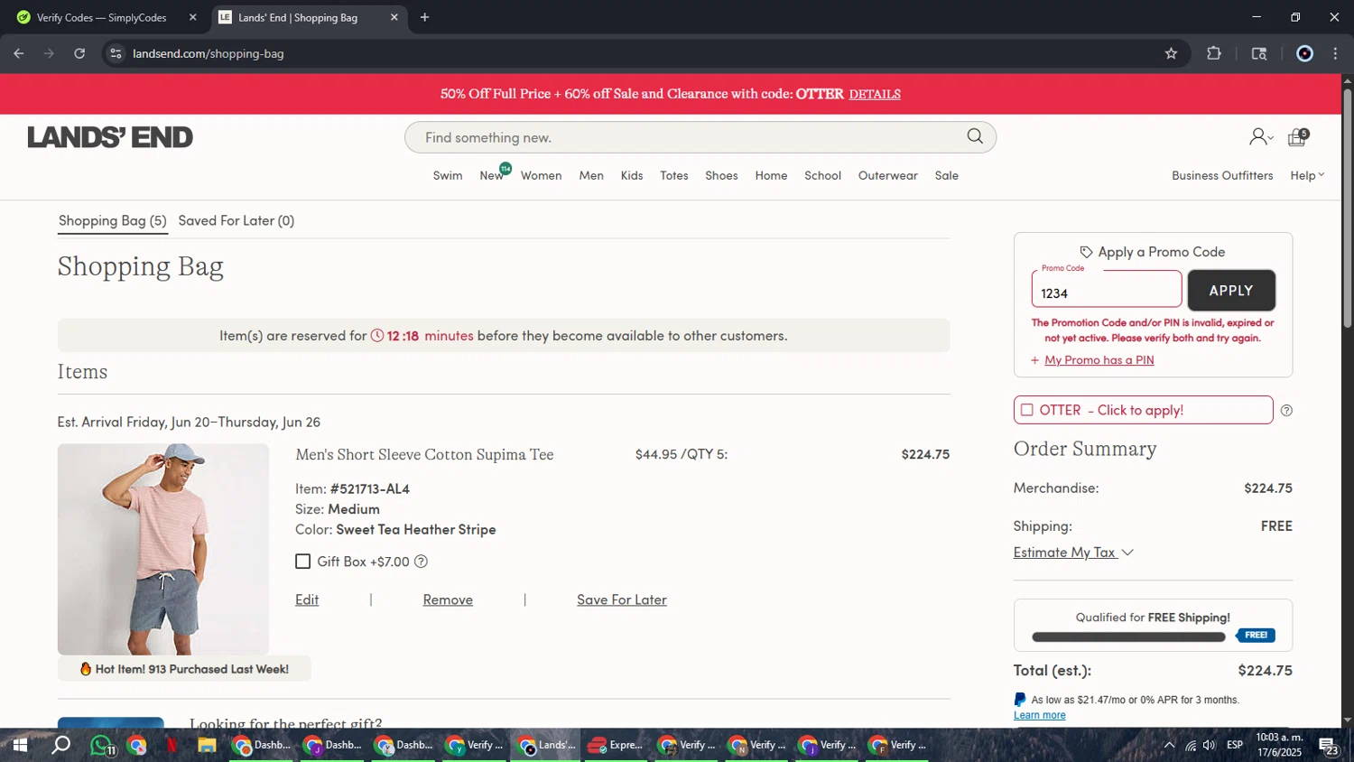 Lands' End promo code screenshot showing code 1234 applied at Lands' End checkout page. Uploaded by SimplyCodes community member RoyalBoss4384 on Jun 17, 2025