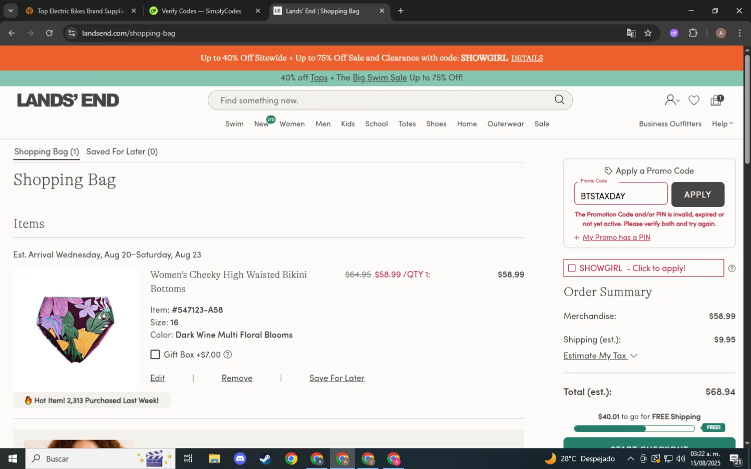 Lands' End promo code screenshot showing code BTSTAXDAY applied at Lands' End checkout page. Uploaded by SimplyCodes community member BargainGenius8397 on Aug 15, 2025