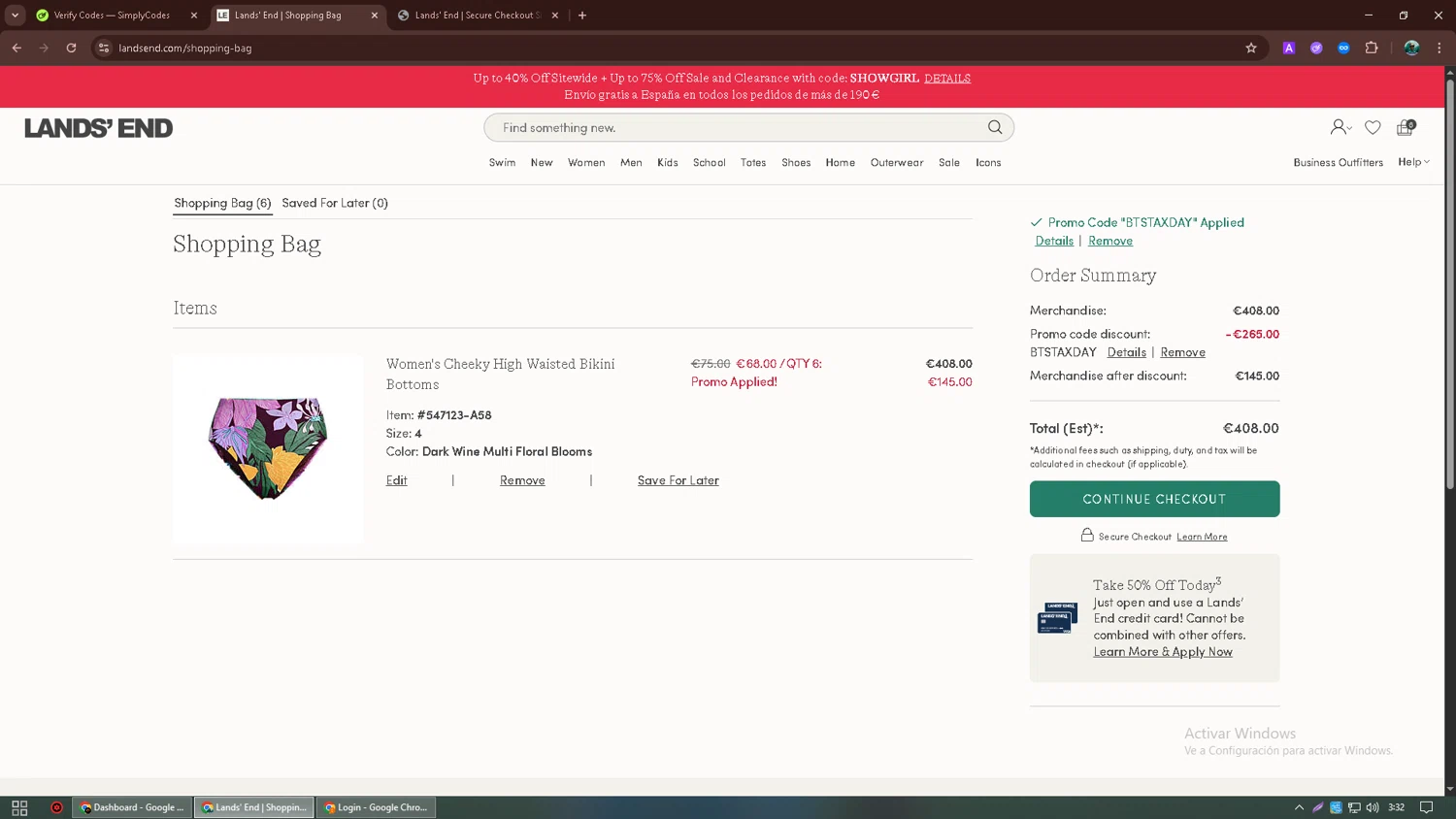Lands' End promo code screenshot showing code BTSTAXDAY applied at Lands' End checkout page. Uploaded by SimplyCodes community member neurioandrades on Aug 15, 2025