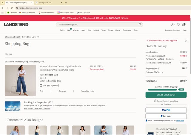 Lands' End checkout page showing Lands' End promo code box | Screenshot taken by SimplyCodes community member on Aug 23, 2025