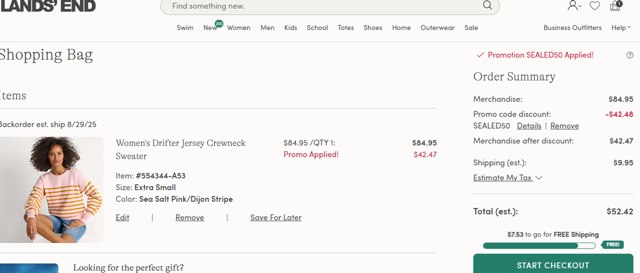 Lands' End checkout page showing Lands' End promo code box | Screenshot taken by SimplyCodes community member on Aug 25, 2025
