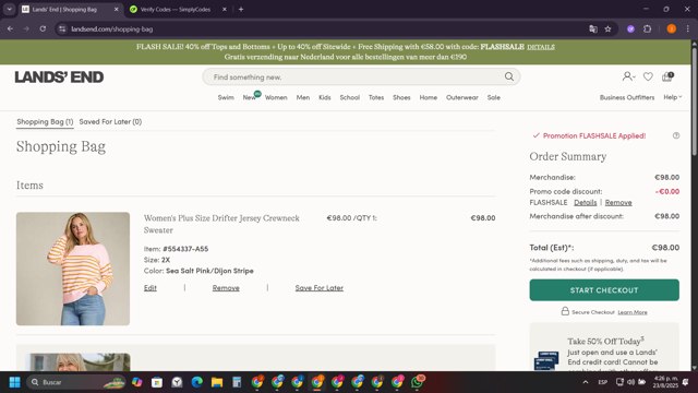 Lands' End checkout page showing Lands' End promo code box | Screenshot taken by SimplyCodes community member on Aug 23, 2025