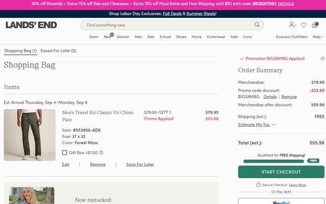 Lands' End checkout page showing Lands' End promo code box | Screenshot taken by SimplyCodes community member on Aug 31, 2025