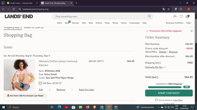 Lands' End checkout page showing Lands' End promo code box | Screenshot taken by SimplyCodes community member on Sep 3, 2025