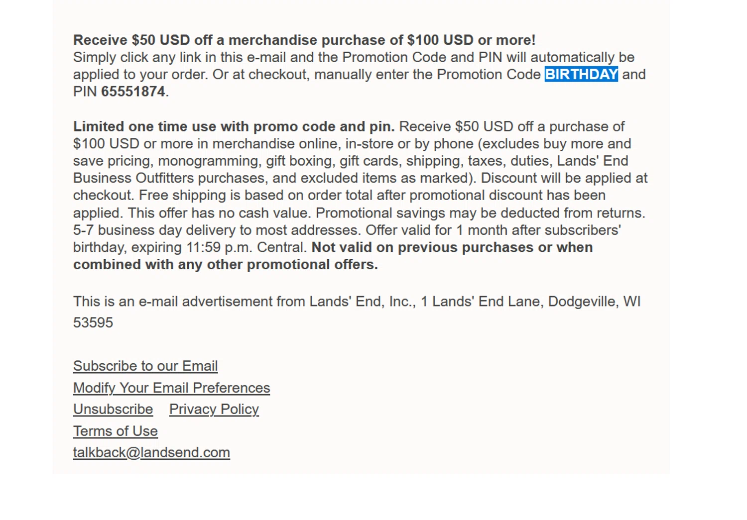 Lands' End promo code screenshot showing code BIRTHDAY applied at Lands' End checkout page. Uploaded by SimplyCodes community member OMPU0408 on Aug 25, 2025