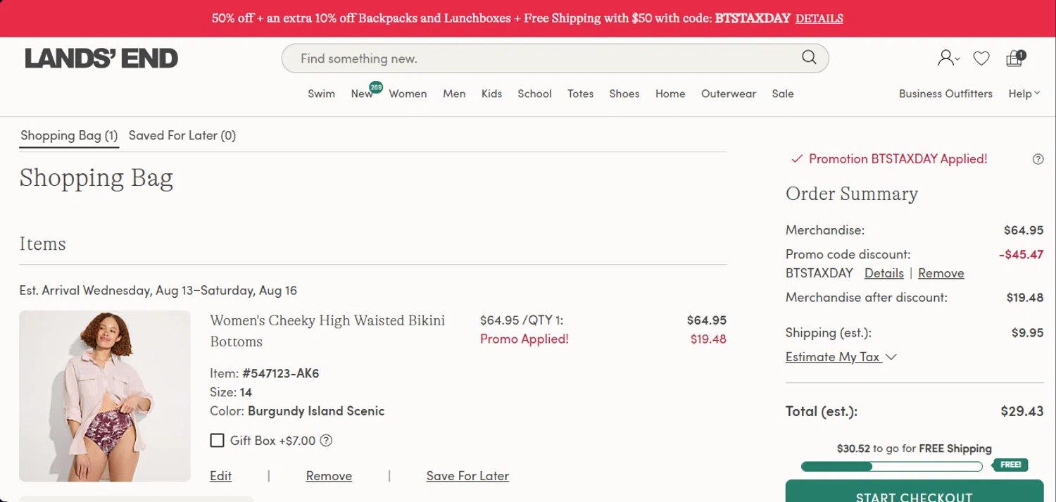 Lands' End promo code screenshot showing code BTSTAXDAY applied at Lands' End checkout page. Uploaded by SimplyCodes community member juanisaac on Aug 8, 2025