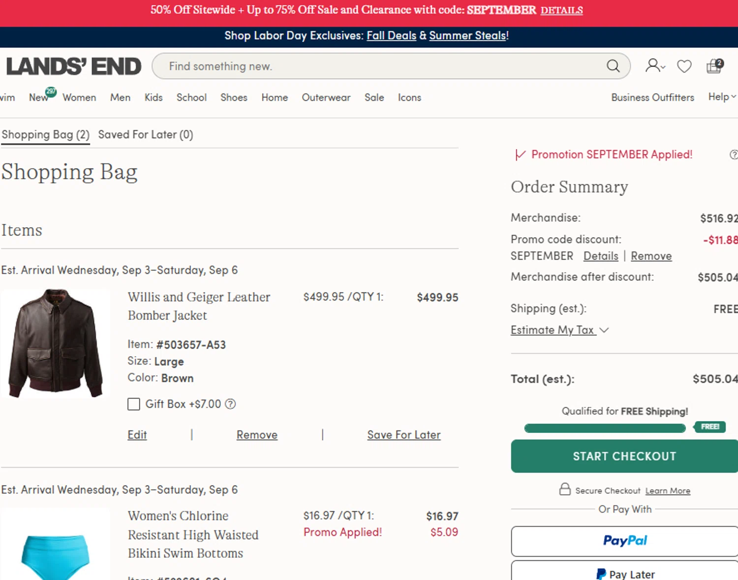 Lands' End promo code screenshot showing code SEPTEMBER applied at Lands' End checkout page. Uploaded by SimplyCodes community member tronsito66 on Aug 28, 2025