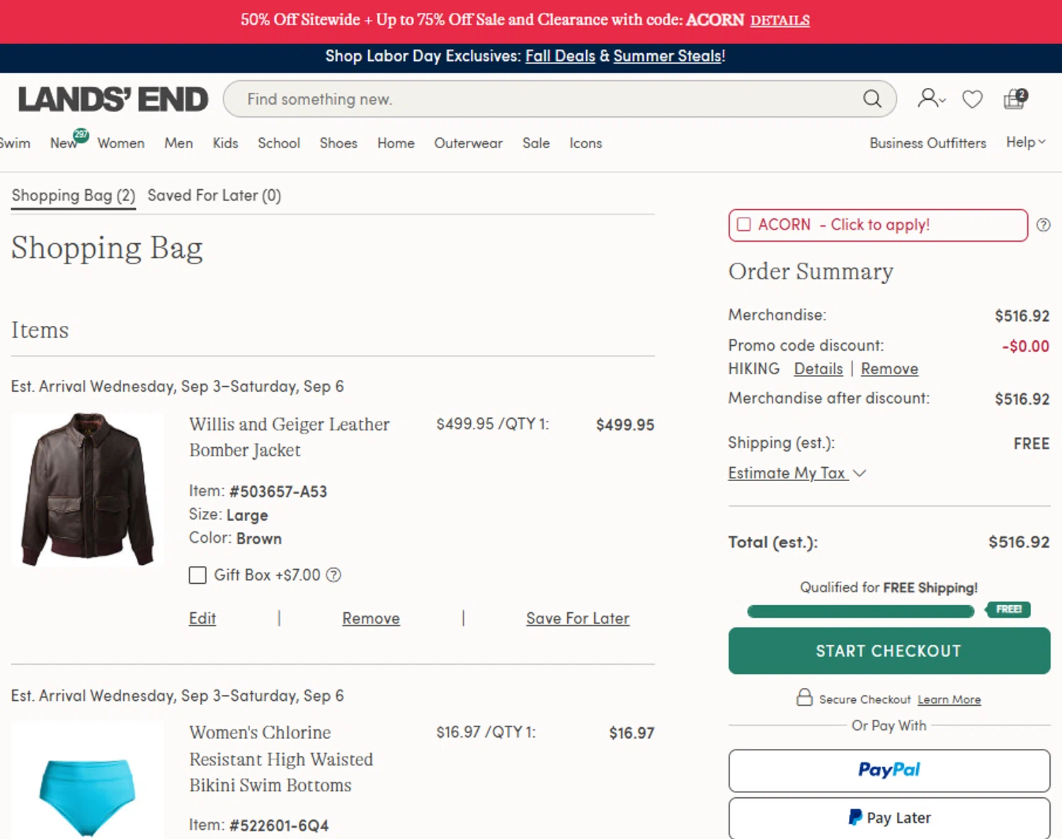 Lands' End promo code screenshot showing code ACORN applied at Lands' End checkout page. Uploaded by SimplyCodes community member tronsito66 on Aug 28, 2025