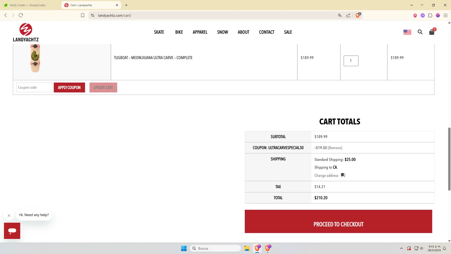 Landyachtz discount code screenshot showing code ultracarvespecial30 applied at Landyachtz checkout page. Uploaded by SimplyCodes community member VictoriousDefender7352 on May 28, 2025
