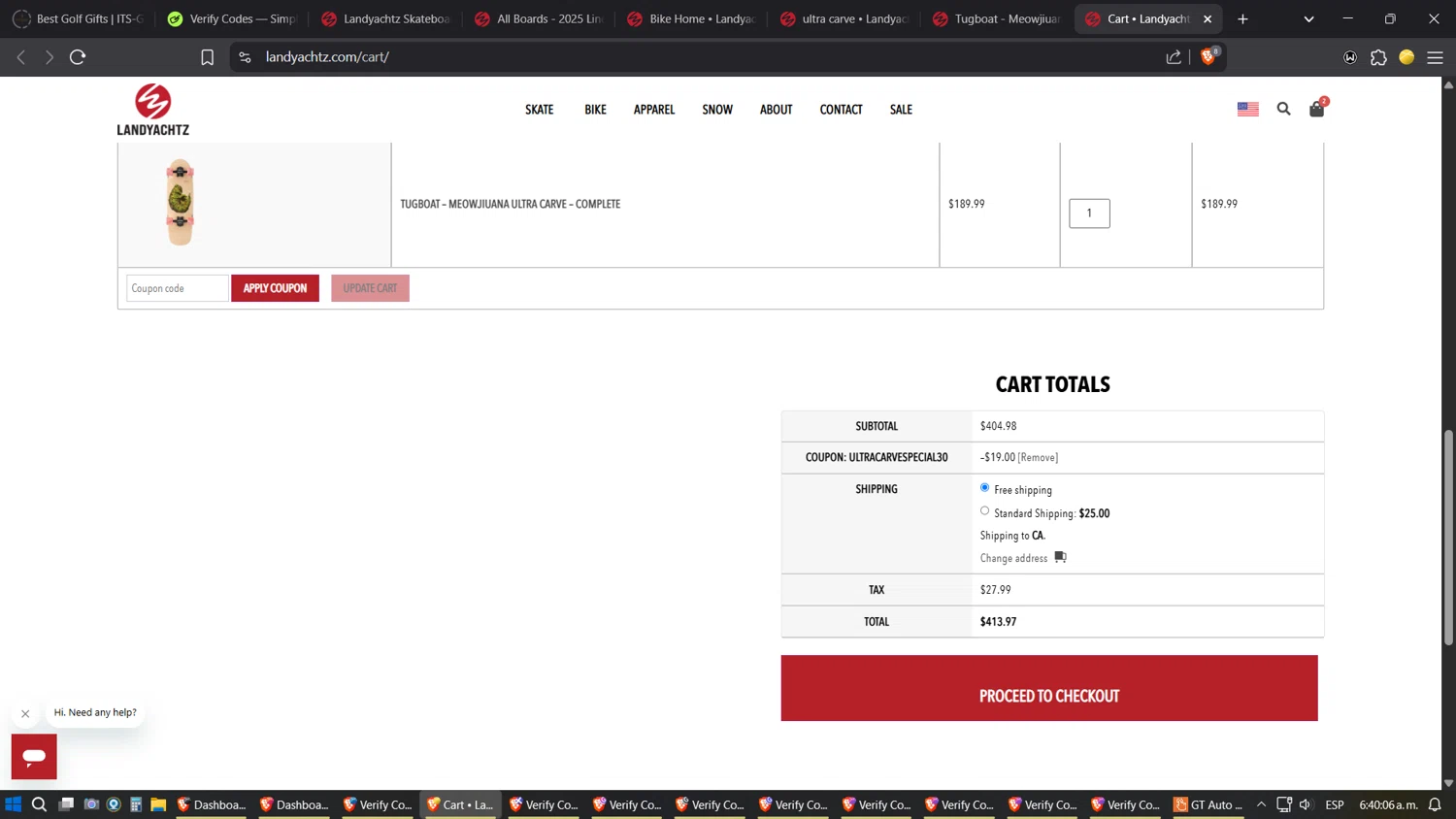 Landyachtz discount code screenshot showing code ultracarvespecial30 applied at Landyachtz checkout page. Uploaded by SimplyCodes community member ZoilaPerrita on May 28, 2025