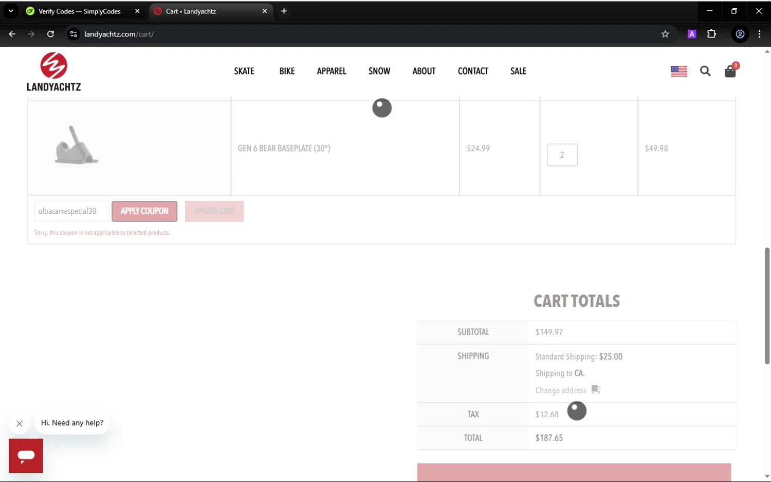 Landyachtz discount code screenshot showing code ultracarvespecial30 applied at Landyachtz checkout page. Uploaded by SimplyCodes community member hugofraile on Apr 29, 2025