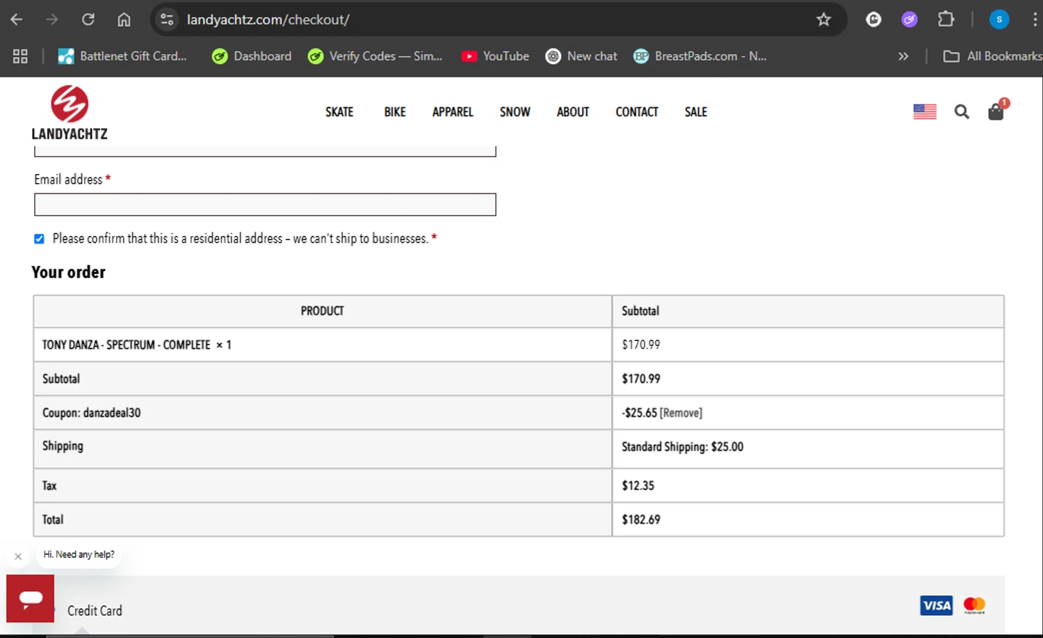 Landyachtz discount code screenshot showing code Danzadeal30 applied at Landyachtz checkout page. Uploaded by SimplyCodes community member Giyuuu on May 28, 2025