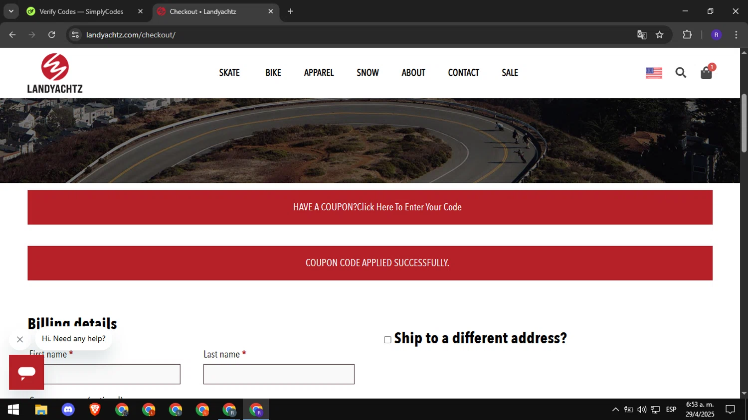 Landyachtz discount code screenshot showing code Danzadeal30 applied at Landyachtz checkout page. Uploaded by SimplyCodes community member Mykeusername on Apr 29, 2025