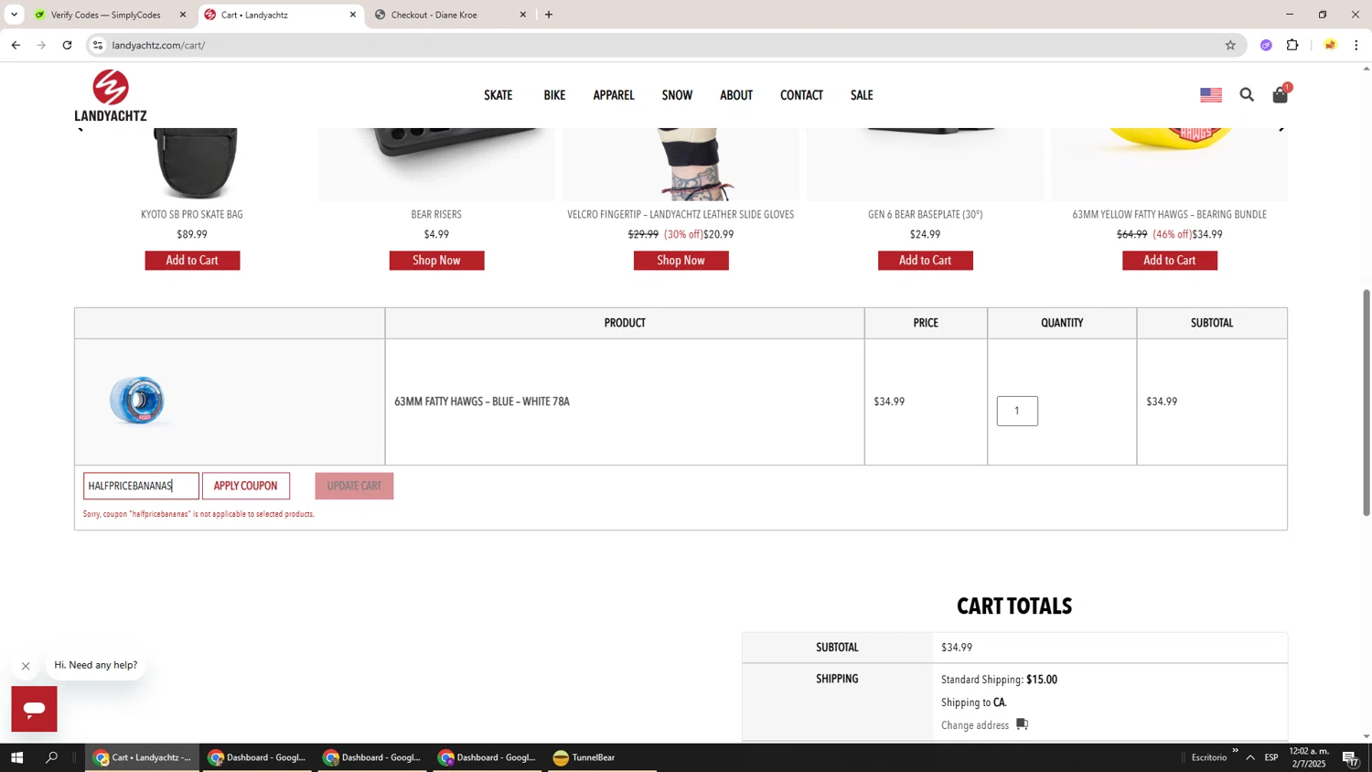 Landyachtz discount code screenshot showing code HALFPRICEBANANAS applied at Landyachtz checkout page. Uploaded by SimplyCodes community member Richard251 on Jul 2, 2025