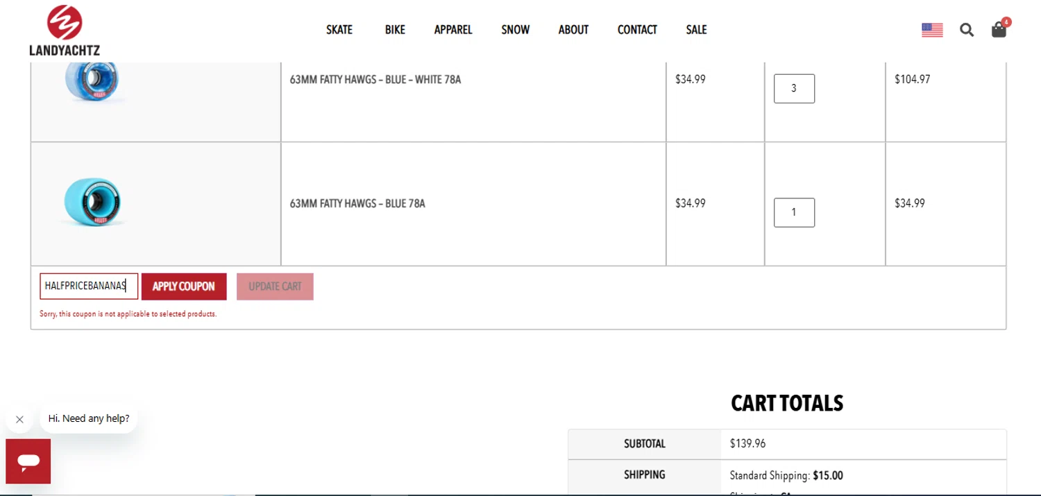 Landyachtz discount code screenshot showing code HALFPRICEBANANAS applied at Landyachtz checkout page. Uploaded by SimplyCodes community member juanisaac on May 17, 2025