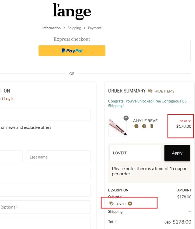Lange checkout page showing Lange coupon code box | Screenshot taken by SimplyCodes community member on Oct 20, 2020